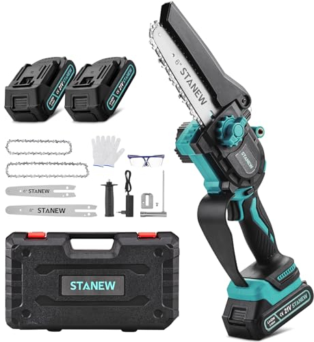 Mini motosega a batteria Brushless STANEW 6 pollici e 8 pollici, 2 batterie 2000 mAh, 2 guide e 2 catene, 600 W motosega elettrica senza fili, motore senza spazzole, per il giardinaggio