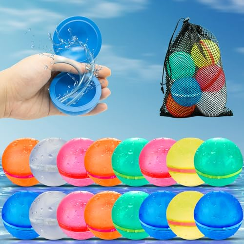 WABALLO Wiederverwendbare Wasserbomben, 16 Stück Wasserbomben mit Netztasche für Kinder ab 4, Einfaches und Schnelles Befüllen Wasserball für Pool, Strand, Garten Spielzeug