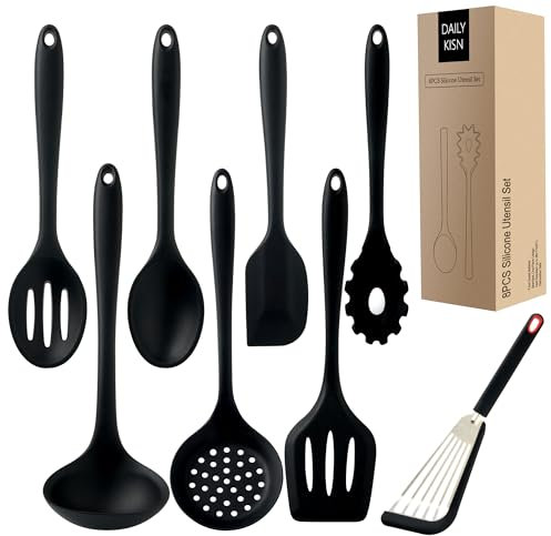 Lot de 8 ustensiles de cuisine en silicone résistants à la chaleur et antiadhésifs, spatule, spatule en silicone, cuillère de service, louche, cuillère à fente, cuillère à pâtes, écumoire, spatule à