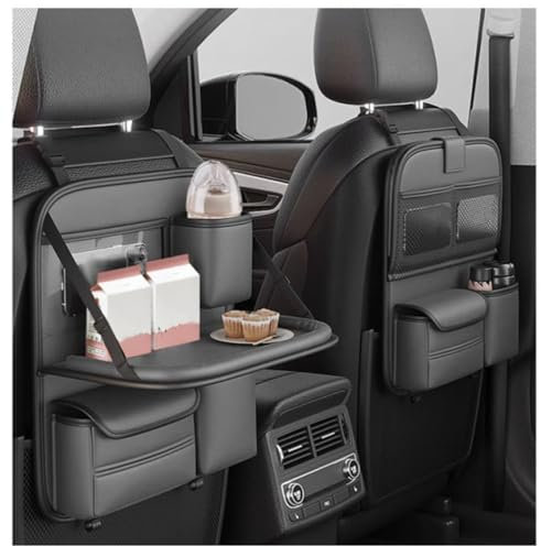 Singring 2 Pack Luxury Black PU Leather Car Backseat Organizer with Foldable Table Tray, Waterproof Car Seat Back Protectors Kick Mats, Foldable Car Table for Backseat Headrest with Pockets