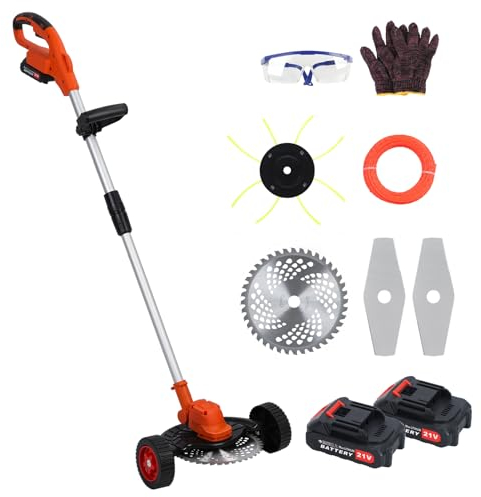 Shienfir Akku Rasentrimmer, 21V 9inch Elektrischer Akku Motorsense & Rasentrimmer Rasen mit 2X 1.5Ah Akku & Metall Messer & Teleskopstange, Akku Rasentrimmer und Kantenschneider Rot