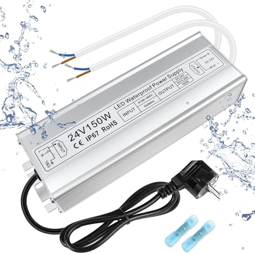 inShareplus LED Trafo 24V 6.25A 150W IP67 Wasserdichter Outdoor-Treiber, AC 90-265V zu DC 24 Volt Niederspannungs-Transformator, 24V Netzteil für LED-Licht, Computerprojekt, Außeneinsatz