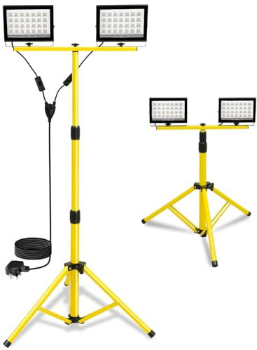 11000Lumen LED Work Light with Stand, 2 Adjustable Head LED Floodlight with 8.2FT Cord Individual Switch IP66 Waterproof Foldable Tripod Work Lights for Indoor Outdoor Job Site Workshop Garage