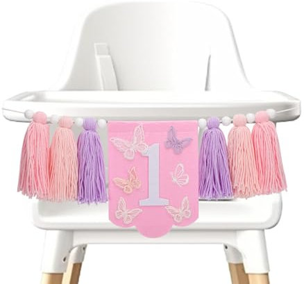 Butterfly First Birthday High Chair Banner, Butterfly One High Chair Banner with Pink & Purple Tassel Cute Butterfly First Birthday Decorations Photo Prop for Girls