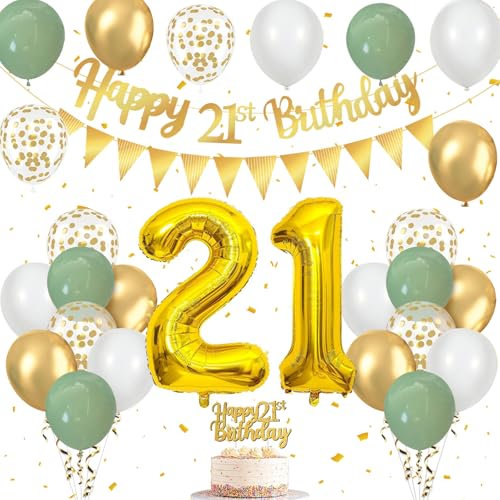 21st Birthday Decorations for Him Her, 21Birthday Balloons Set with Sage Green White Gold Balloons, Happy 21st Birthday Banner and Cake Topper, Number 21 Foil Balloon, for 21 Year Old Party Decoration