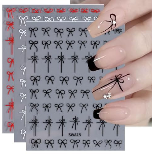 JMEOWIO 8 Sheets Heart Bow Tie Colorful Nail Art Stickers Decals Self-Adhesive Nail Supplies Nail Art Design Decoration Accessories