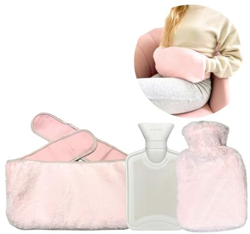 Luxury Hot Water Bottle with Adjustable Waist Belt by WarmEaze (Plush Pink) 3 Piece Set - Perfect for Shoulder, Back and Stomach Pain Relief. Soft and Cosy.