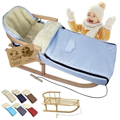 BambiniWelt Holzschlitten mit Rückenlehne & Zugseil + Winterfußsack 108 cm – warme Lammwolle, wasserabweisend – Kombi-Set für Kinderwagen & Buggy