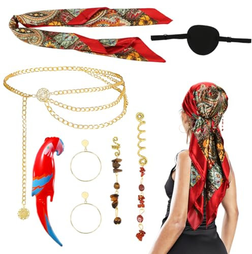 Piratenkostüm Damen, Piraten Zubehör Damen, Piraten Kopftuch, Augenklappe, Taillenkette, Haarschmuck, Ohrringe, Aufblasbare Papagei, für Hallowee, Karneval