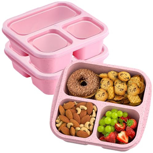 ZHUIYIWIN Cajas de aperitivos, loncheras Bento reutilizables con 3 compartimentos para niños y adultos, recipientes divididos de almacenamiento de alimentos para la escuela (Rosa, A)