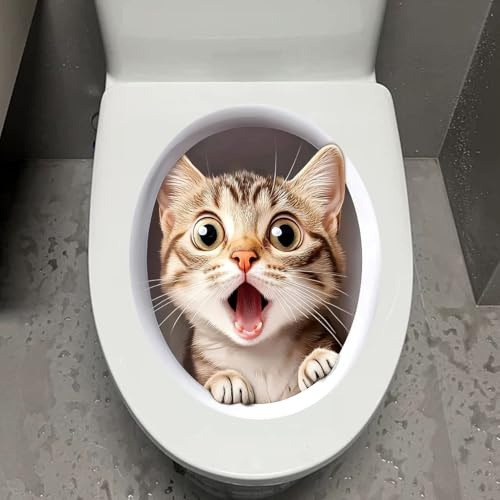 Dreothy Cute Cat Toilet Cover Sticker, Removable Cartoon Animals Toilet Lid Decals Sticker, Self-Adhesive Waterproof Toilet Seat Sticker Bathroom Wall Door Stickers (Surprise Cat)