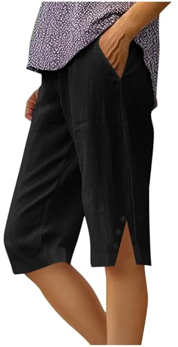 Pantalon Corto Mujer,Algodón y Lino Pantalones Cortos Deportivos Ligero Shorts Verano Cintura Alta Elástica Pantalón de Pierna Rectos Cómodo Transpirable Pantalón Corto Bermudas Mujer Verano