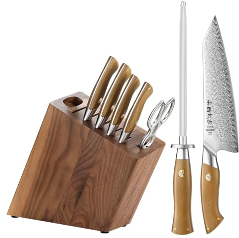 HEZHEN Set di Coltelli da Cucina con Blocco 8 Pezzi, Coltelli da Chef Set Santoku in Acciaio Damasco, Forbici Da Cucina in Acciaio Inox，Portacoltelli in Legno