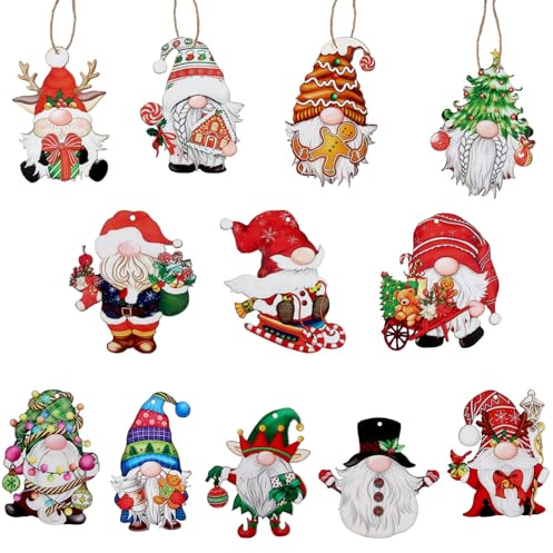 Pruadeor 12 Stück Weihnachtsanhänger Holz Set, Lustige Wichtel Muster Christbaumschmuck, Traditionelle Weihnachtsdeko Weihnachtsbaumschmuck für Weihnachtsbaum, Fenster, Kamin & Party