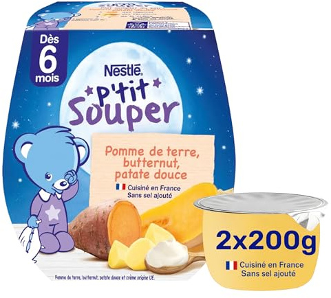 Nestlé - P’tit Souper Pomme de Terre, Butternut, Patate Douce - Petits Pots Bébé 6 Mois - Composé de Légumes, Féculents, Lait Écrémé - Pour un Repas Bébé Soir Doux - Texture Moulinée - Sans Sel Ajouté