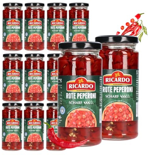 RICARDO Rote Peperoni Chili geschnitten 12 x 250g im Glas Gewürzpaprika
