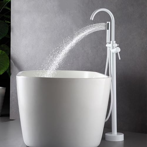 BiaoTeng Robinet Baignoire Ilot Blanc Pivoter à 360° Monocommande eau Chaude et Froide Laiton Mitigeur Baignoire Ilot Sur Pied