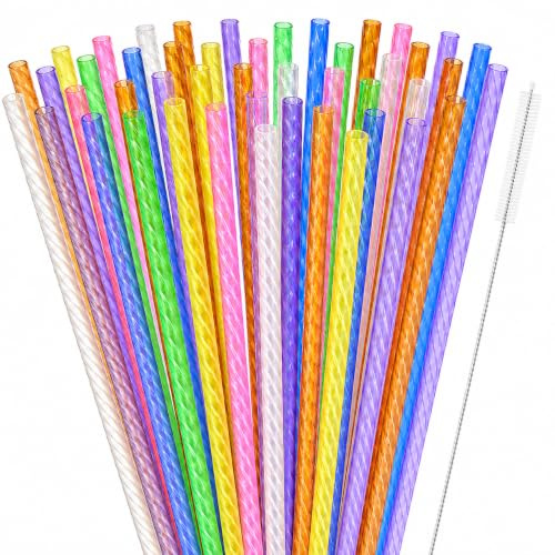 50 Stück Hart Wiederverwendbare Strohhalme Plastik mit Strohhalmbürste, Lange 23cm Farbige Transparent Gedrehte Trinkhalme für Smoothies, Saft, Cocktail, Eiskaffee
