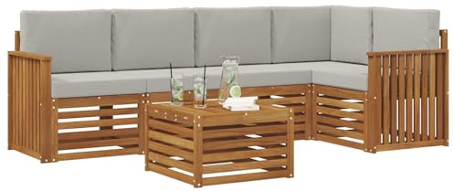 vidaXL Sofagarnituren 6 pcs Natürlich und Hellgrau Massivholz Akazie, Moderner Outdoor-Sofa, strapazierfähiges Möbel für Garten, Bequeme Lounge-Sitzgruppe für die Terrasse