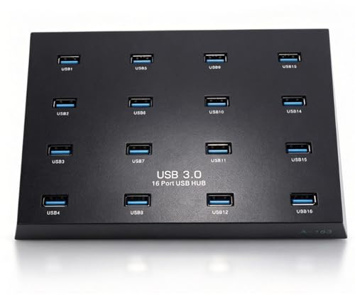 LICAEVEY USB 3.0 Hub 16 Port, 5 Gbit/s Datenübertragung Industrietauglicher Multi-Port-USB-Hub mit Überstromschutz, für Flash-Laufwerk-Kartenleser-Festplatten-Batch-Tests (EU-Stecker)