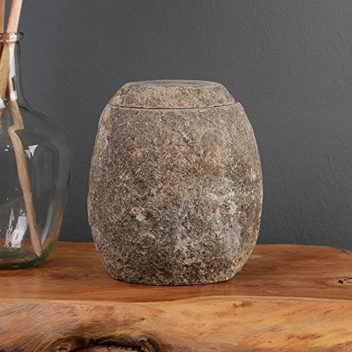 Wohnfreuden Naturstein Behälter grau oval 20 cm - Aufbewahrung mit Deckel Durchmesser 19 cm