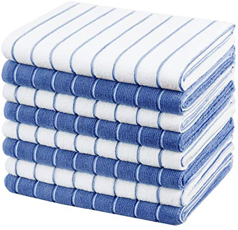 gryeer Microfibre Tea Towels - Pack of 8 (Stripe Designed Blue and White Colours) - Soft, Super Absorbent and Lint Free Kitchen Towels, 45 x 65 cm