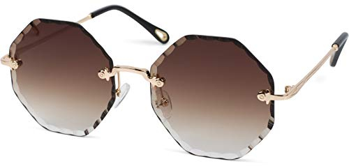 styleBREAKER Damen Runde Sonnenbrille Rahmenlos mit getönten Gläsern im Diamant Schliff, Geprägte Bügel, Vieleckige Gläser 09020118, Farbe:Gestell Gold/Glas Braun Verlauf