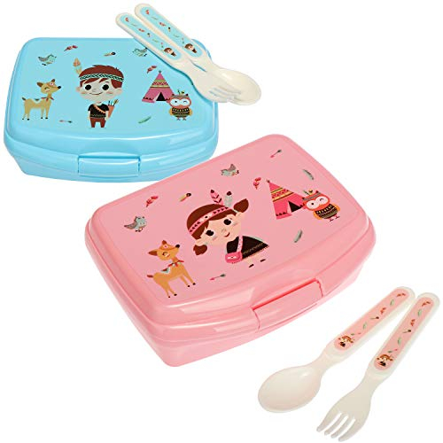 COM-FOUR® 6-teiliges Set aus Lunch-Box und Besteck, mit lustigen Indianer-Motiven für Jungs und Mädchen, Brotdosen mit Löffel und Gabel (pink/blau - 6tlg)
