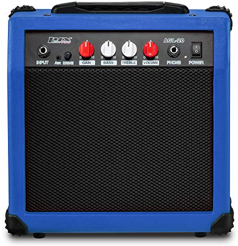 LyxPro Amplificador de guitarra eléctrica de 20 W, altavoz integrado, conector para auriculares y entrada auxiliar, incluye ganancia de graves, volumen de agudos y molienda, color azul