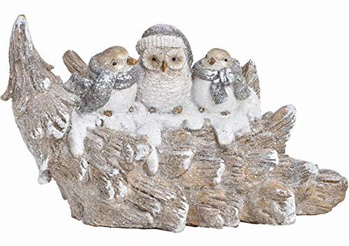 Deko-Figur Wintervögel Spatzen und Eule auf Tannenbaum aus Poly - Weihnachtsdeko Winterdeko Deko Aufsteller (Weiss) B27 x H16 x T15cm