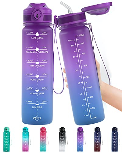 Lunidry Gourde 1L Sport, Bouteille d'eau avec Paille et Marqueur de Temps, Tritan Plastique sans BPA, Gourde Reutilisable pour Enfant, Adulte, Camping, Running, Randonnée