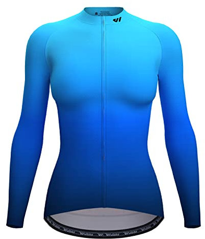 Wulibike Radtrikot Langarm Damen Radtrikot Leichtes Radshirt Radjacke Radshirt mit 3 Taschen (Hellblau und Dunkelblau, M)