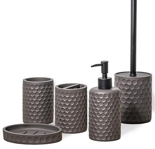 ZCCZ Lot de 5 Accessoires de Salle de Bain Bronze – Distributeur Savon, Support Brosse Toilette, Support Dents, gobelet, Porte-Savon – Ensemble Complet pour Organisation et décoration élégante