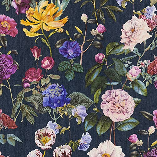 BRICOFLOR Blumen Tapete | Blaue Vliestapete mit Blumen | Florale Tapete mit Blumenmuster in Dunkelblau Bunt | Botanik Blumentapete aus Vlies für Wohnzimmer und Schlafzimmer