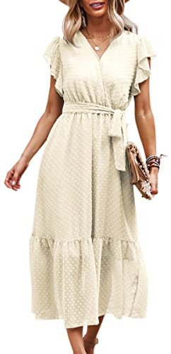 ASOMI Kleid Damen Sommer Kurzarm: Boho Herbst Wickelkleid Frühling Mode Lang Polka Dot Maxikleid V-Ausschnitt Casual Strandkleid Rüschen Freizeitkleid mit Gürtel 171 Aprikose 36