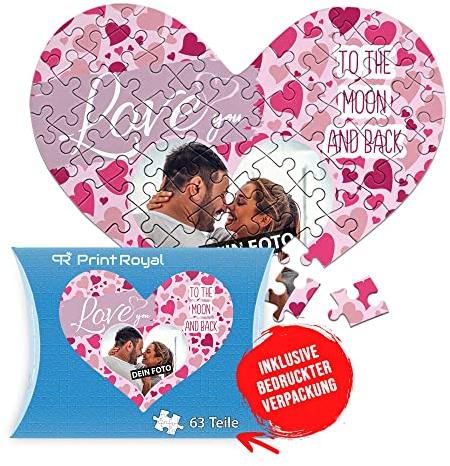 PR Print Royal Foto-Puzzle selbst gestalten - Love You - mit einem Foto Bedrucken - Herz-Puzzle Personalisieren - Geschenk zu Valentinstag, Jahrestag - 63 Teile inkl. Kartonverpackung