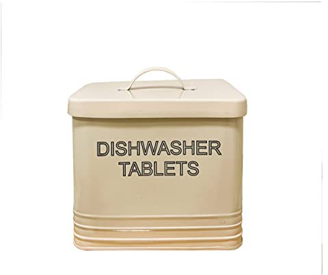 NOBEL Dishwasher Tablets Storage Vintage Heavy Duty Steel Powder coated Tins With Lid (Cream)