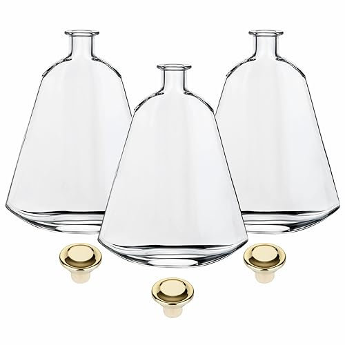 gouveo Set de 3 carafes 700 ml Isabelle avec bouchons (HGK) couleur or - bouteille design 0,7 l en verre - carafe en forme de cloche plate pour liqueur, vin, cognac (IDT700HGKG)
