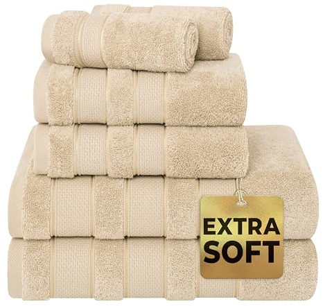 American Soft Linen Salem Badetuch-Set, 6 Stück Handtücher für Badezimmer, 100% Türkisch gekämmte Zero Twist Baumwolle, 2 Badetücher, 2 Handtücher, 2 Waschlappen, Beige