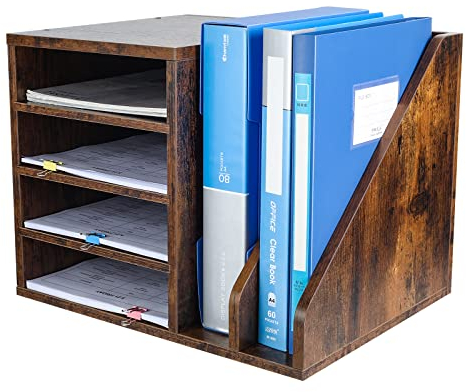 PAG Wood Desktop File Organizer Mail Sorter,Office Desk Letter Tray Desk Tidy Organiser A4 Paper Storage For File Folders, Mails, Envelopes or Magazines,Brown