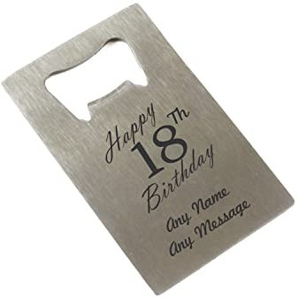 Personalised Engraved Stainless Steel Card Bottle Opener, Happy 18th Birthday Design, Pocket Wallet Portable Bottle Opener, Birthday Gift, Gift for Him, Home Bar Accessory, Engraved in The UK