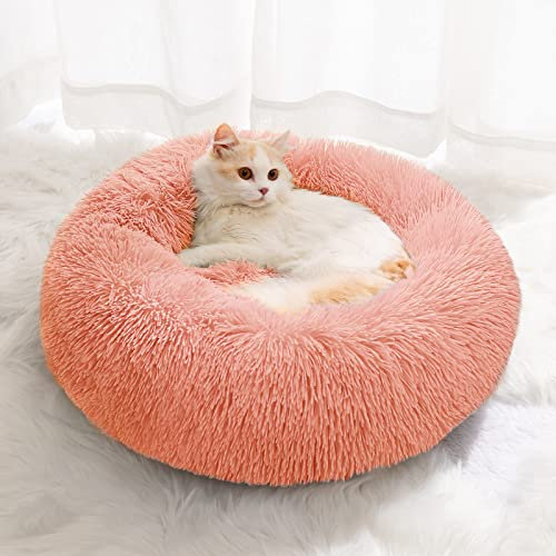 YOJOGEE Small Cat Bed for Indoor Cats, Self-Warming Donut Kitty Bed for Small Cats Keeping Warm, Washable Pet bed with Anti Slip Base, Pink 40cm