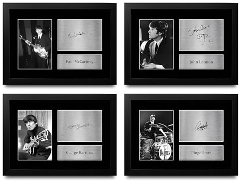HWC Trading FR A4 Beatles Collection of All 4 Geschenke Geducktes Signiertes Autogramm Foto für Fans von Musik Memorabilien - A4 Gerahmt