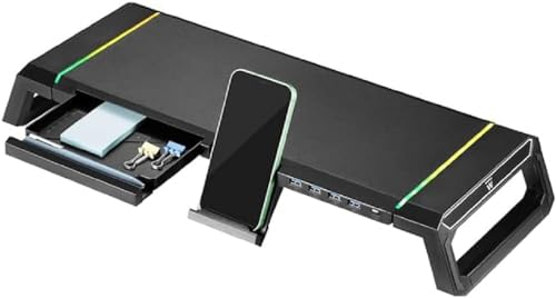 Ewent Soporte Monitor, RGB Elevador Monitor, Tamaño Ajustable, con Cajón y Soporte de Teléfono y Tablet + 4 Puertos USB Frontal, Soporte de Pantalla para PC/Laptop/iMac, Negro