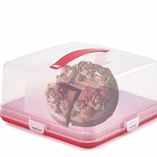 Meown Cake Carrier with Red Base & Handle, 27cm Square Cake Storage with Clip Lock Lid, Flip Base, Food Safe Plastic Cake Holder, Cake Saver Container for Transporting, Storing & Serving Cakes