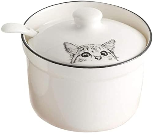 FimGlk Sucrier en céramique avec couvercle et cuillère Motif chat Blanc