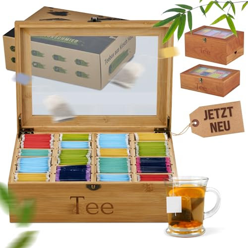 NATURSCHMIED Teebox aus Bambus mit 20 flexiblen Fächern und Echtglas-Sichtfenster (22,5x31x10 cm) – [verstärkte Scharniere + Snap-Verschluss] – Edle Teeaufbewahrung für echte Genießer