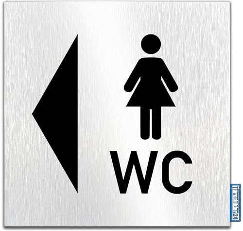 Türschilder24 Placa para puerta de aluminio Dibond, 120 x 120 x 3 mm, silla de ruedas para inodoro izquierda/derecha • 100% fabricado en Alemania (mujer + WC/flecha izquierda)