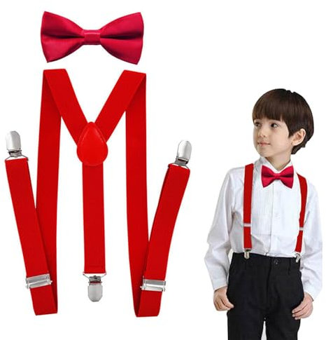 Tokaneit Bambino Set: Papillon e Bretelle a Y con Cinghie Regolabili, Elastici Rosso