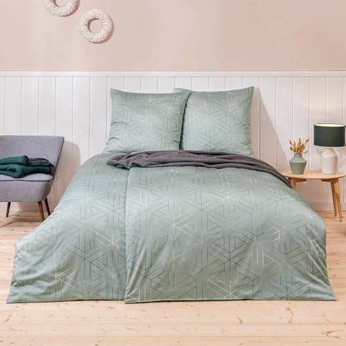 ESTELLA Mako-Satin Bettwäsche 135x200 Luan Oliv Uni Waben Rauten 7919-540